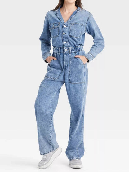 Long Sleeve Utility Baggy Denim Jumpsuit