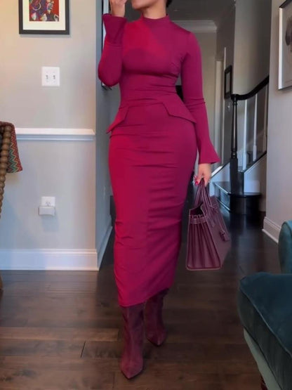 Women's Long Sleeve Mock Turtle Neck Bodycon Back Slit Maxi Dress
