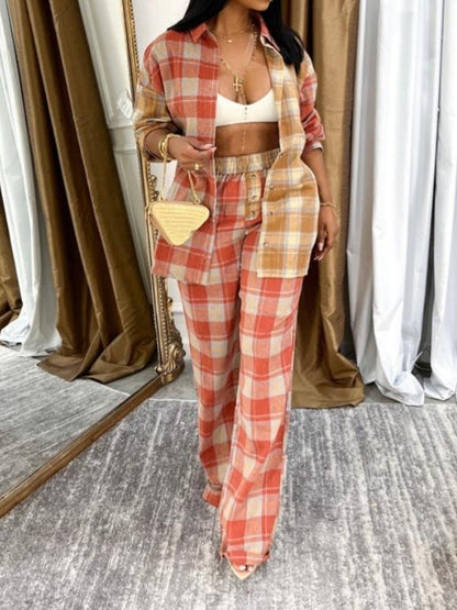 Plaid Shirt And Wide-legged Pants Set