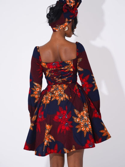 Square Neck Printed Puff Sleeve A-Line Dress