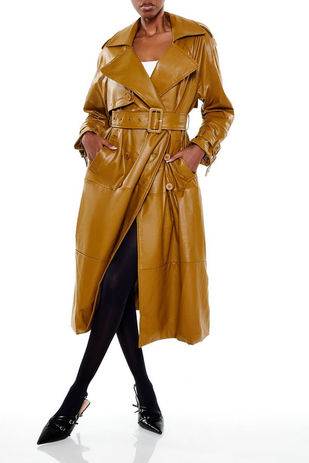 Belted Faux Leather Trench Coat