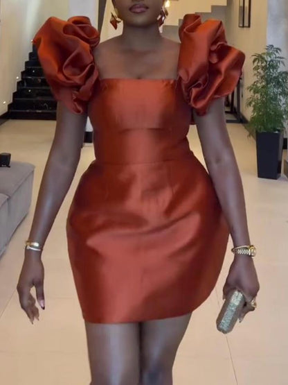 Fashion Square Neck Pleated Slim High Waist Mini Dress