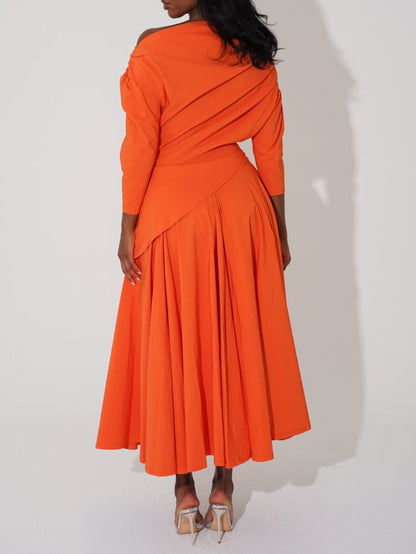 Slant Shoulder Waist Elegant Maxi Dress