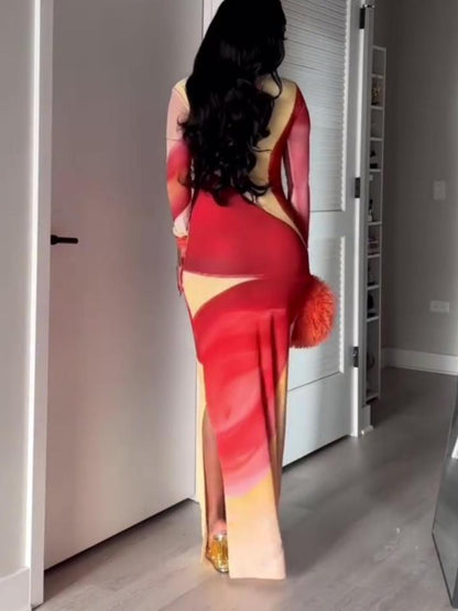 Round Neck Sexy Mesh Printed Slim Maxi Dress