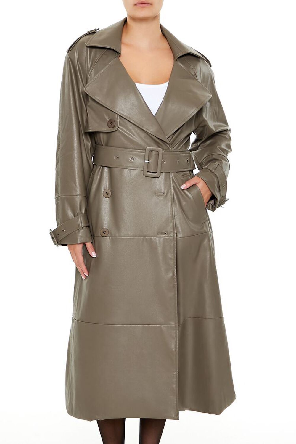 Belted Faux Leather Trench Coat