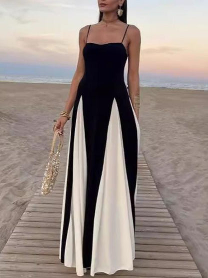 Elegant Slim Black And White Stitching Suspender Dress