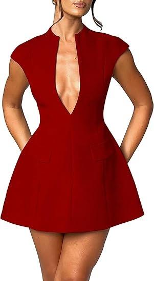 Deep V Neck Zipper A-line Mini Dress