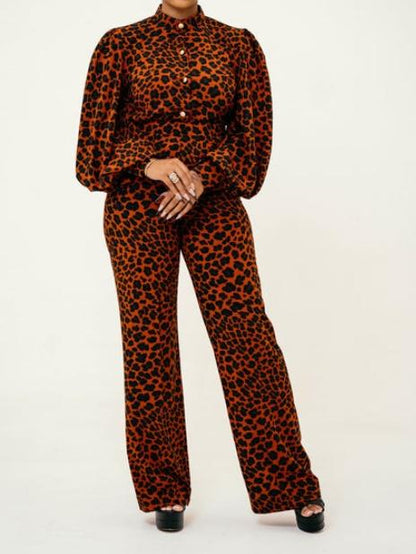 Stand Collar Top And High Waist Pant Leopard Print Two Piece Set