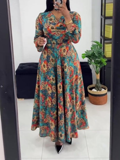 Long Sleeve V-neck Printed Maxi Dress