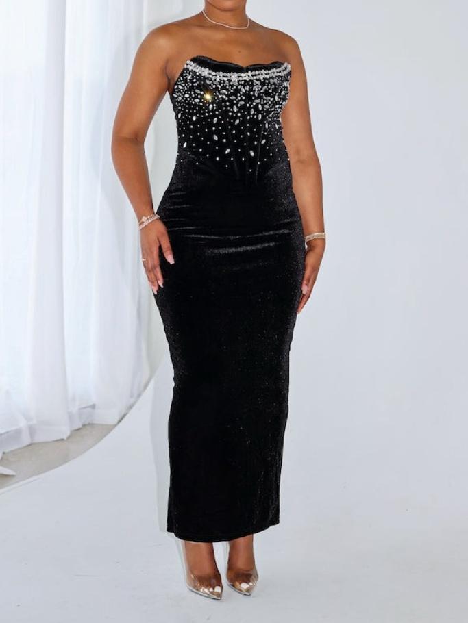 Velvet Rhinestone Strapless Maxi Dress