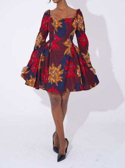 Square Neck Printed Puff Sleeve A-Line Dress