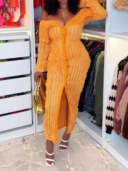 Off Shoulder See Through Pleated Button Down Slit Bodycon Maxi Dress