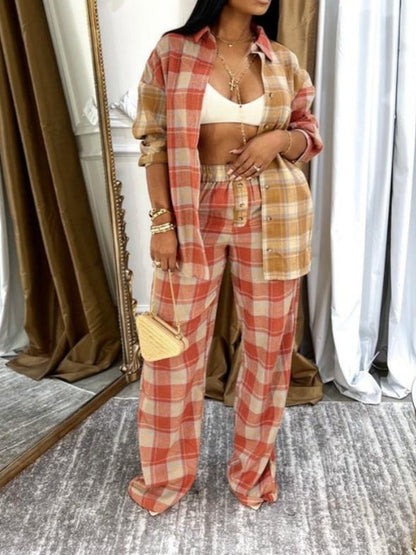 Plaid Shirt And Wide-legged Pants Set