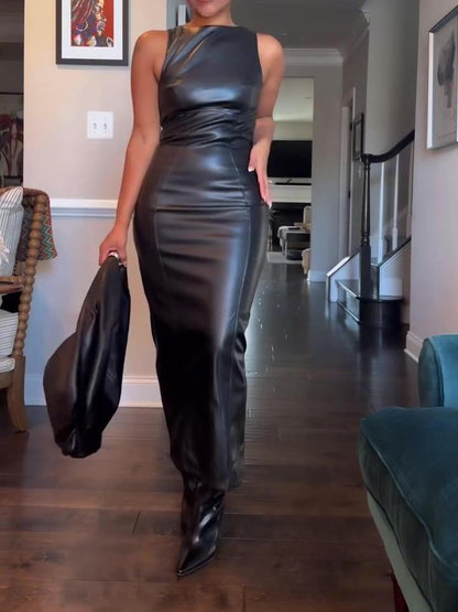Faux PU Leather Bodycon Maxi Dress