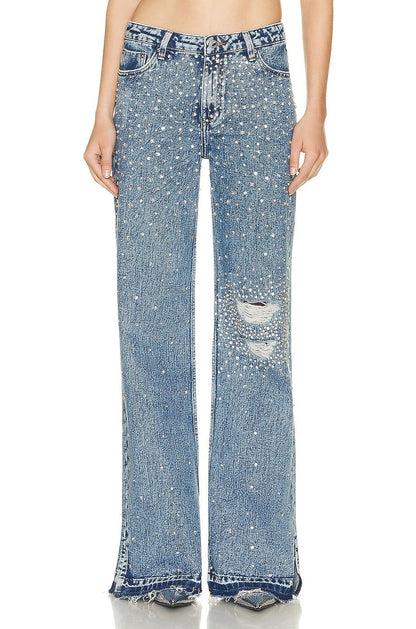 Denim Rhinestone Sparkle Fashion Distressed Wide Leg Jeans