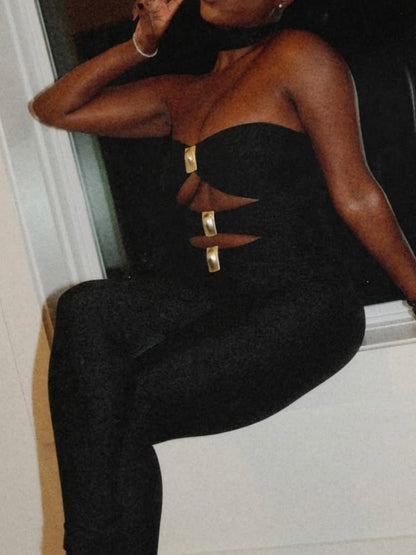 Metal Stitching Hollow Chest Wrap Black Tight Jumpsuit