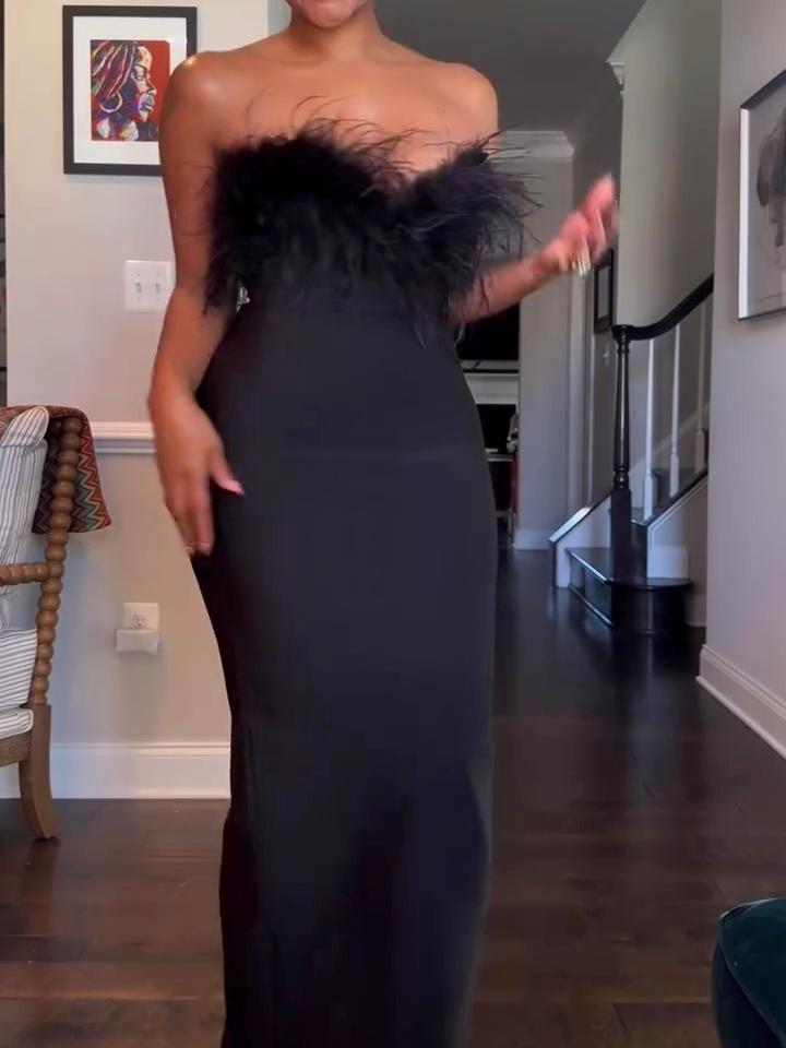 Black Feather Strapless Dress