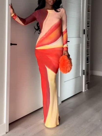 Round Neck Sexy Mesh Printed Slim Maxi Dress