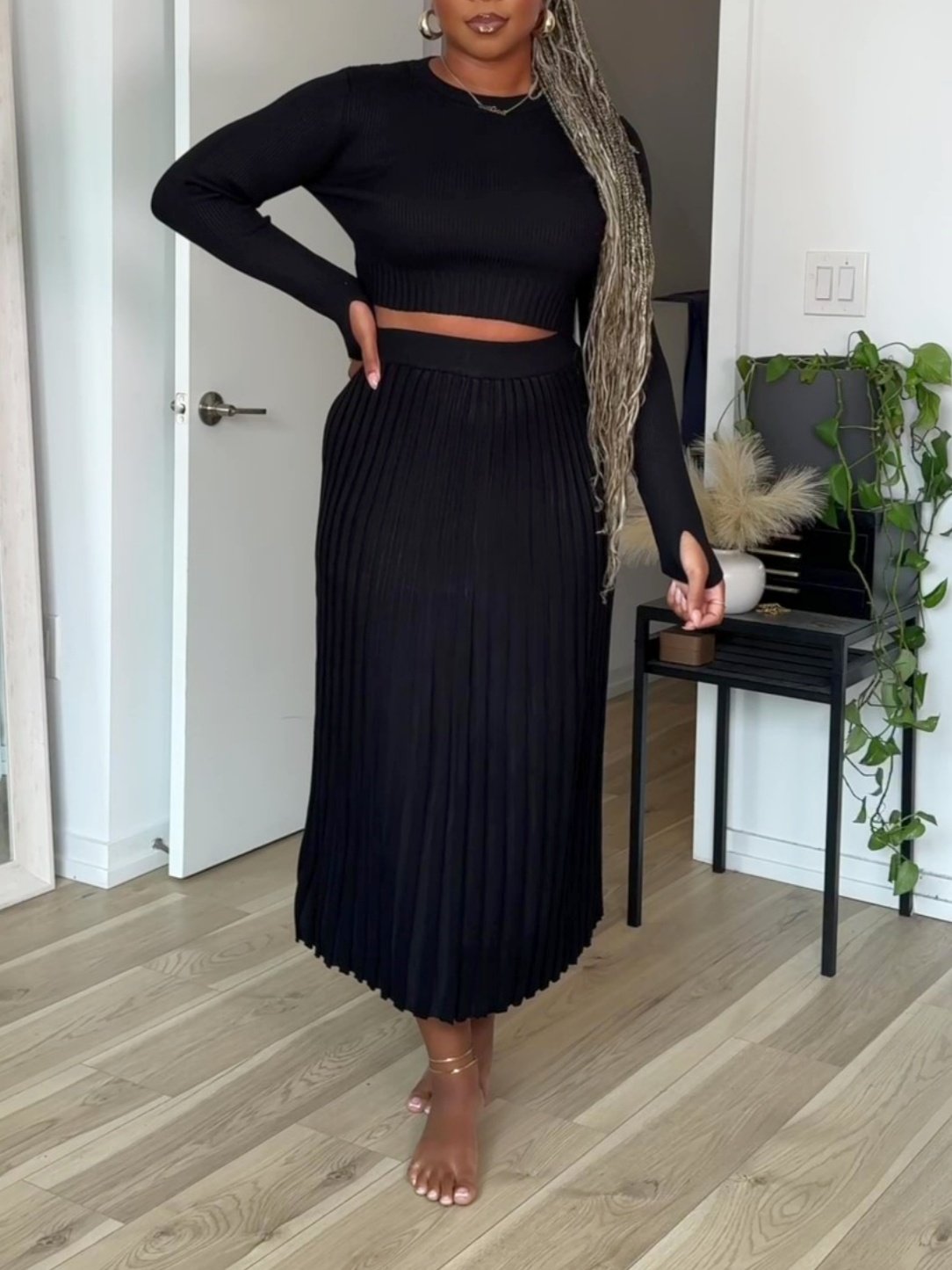 Long Sleeve Crop Top Ribbed Split Bodycon Midi Dress Set