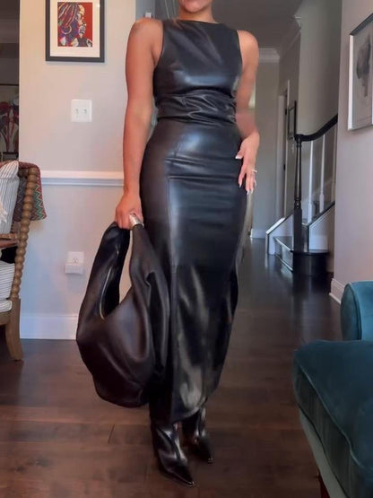 Faux PU Leather Bodycon Maxi Dress