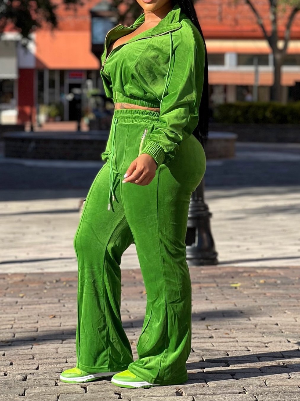 Green Hooded Zipper Jacket And Wide Leg Pants Set