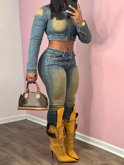 Denim Biker Crop Long Sleeve Jacket And Bootcut Jeans Set