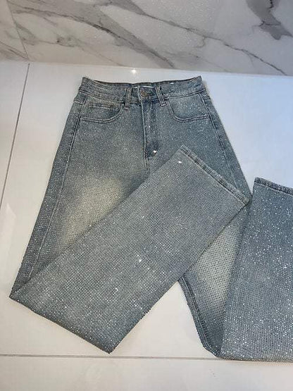 Full Diamanté Embelished Wide Leg Denim Jeans