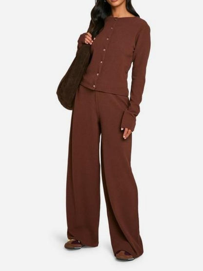 Button Cardigan And Wide Leg Trouser Set