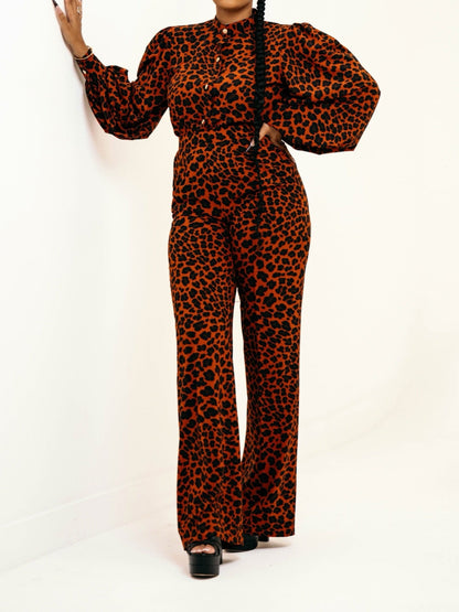 Stand Collar Top And High Waist Pant Leopard Print Two Piece Set