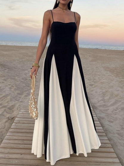 Elegant Slim Black And White Stitching Suspender Dress