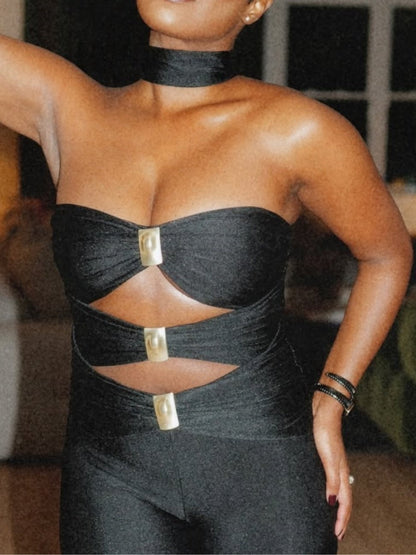 Metal Stitching Hollow Chest Wrap Black Tight Jumpsuit