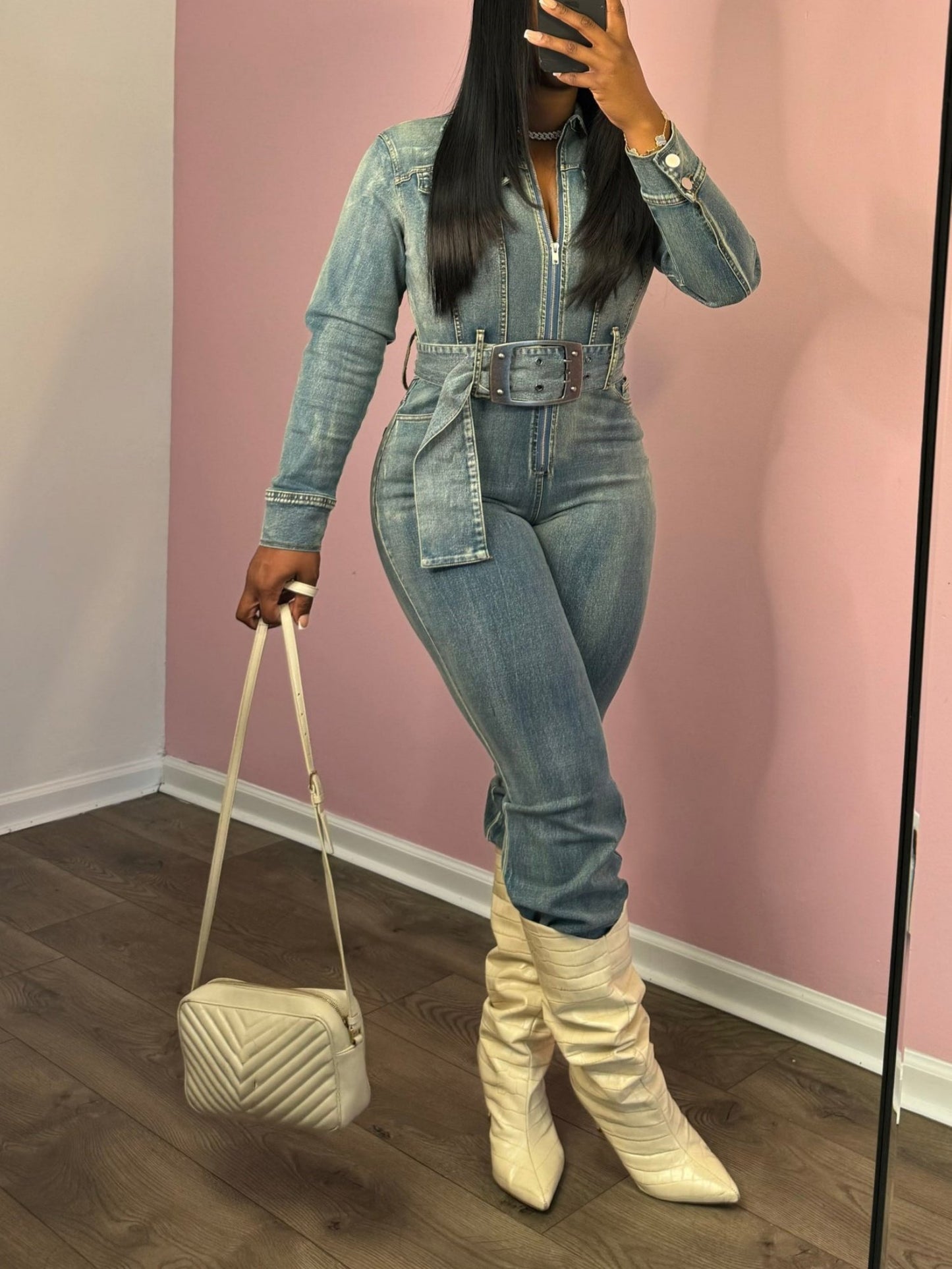 Long Sleeve Zipper Denim Jumpsuit