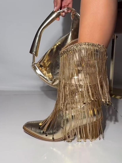 Women's Pointed Boots Thick Heel Tassel Boots