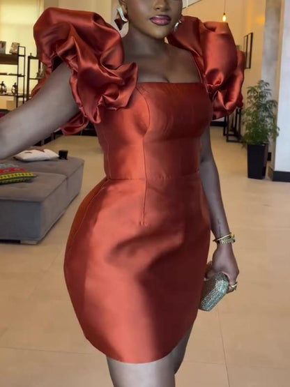 Fashion Square Neck Pleated Slim High Waist Mini Dress