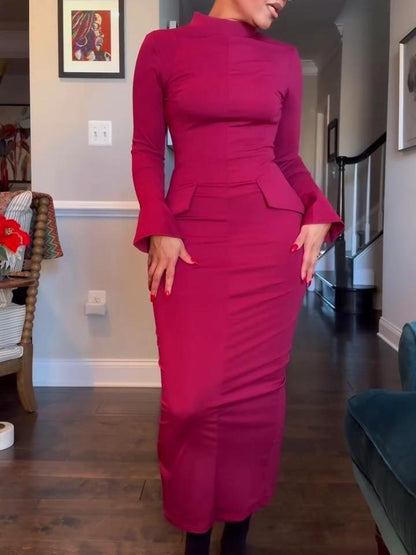 Women's Long Sleeve Mock Turtle Neck Bodycon Back Slit Maxi Dress