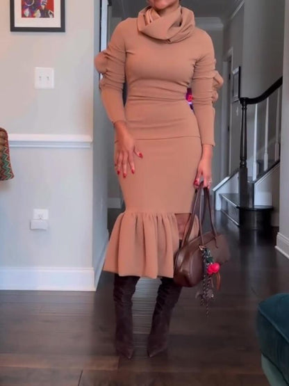 Turtleneck Sweater High Waist Pencil Skirt 2pc Set