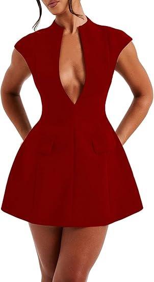 Deep V Neck Zipper A-line Mini Dress