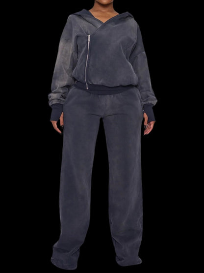 Asymmetrical Hooded Zip Up Two Pieces Set