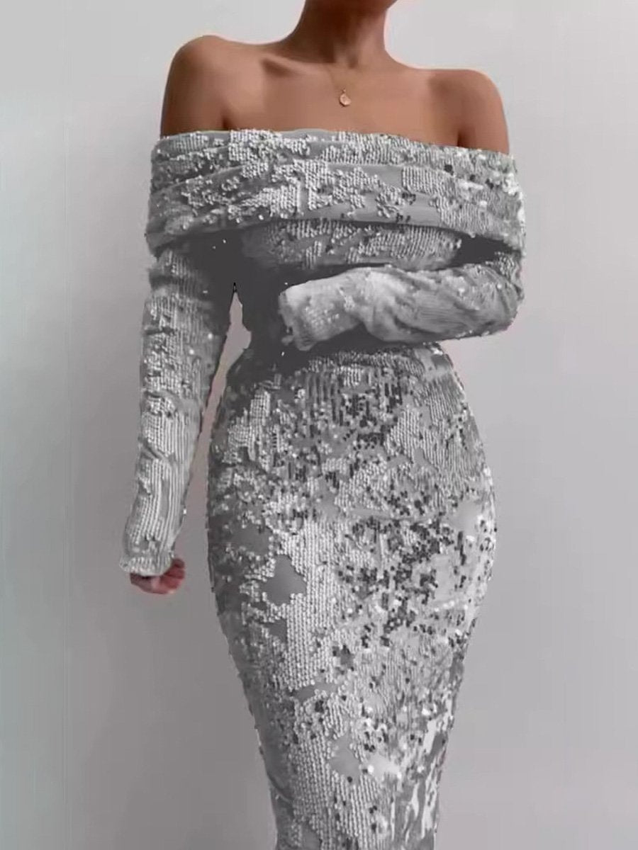 Sequin Off Shoulder Sexy Maxi Dress