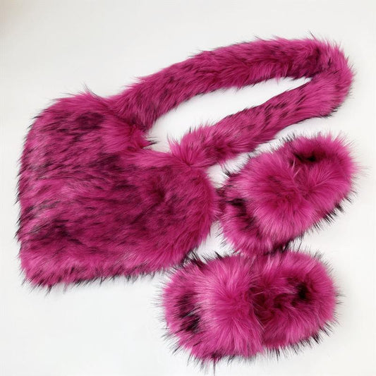 Faux Fur Slides With Matching Heart Shaped Crossbody Bag