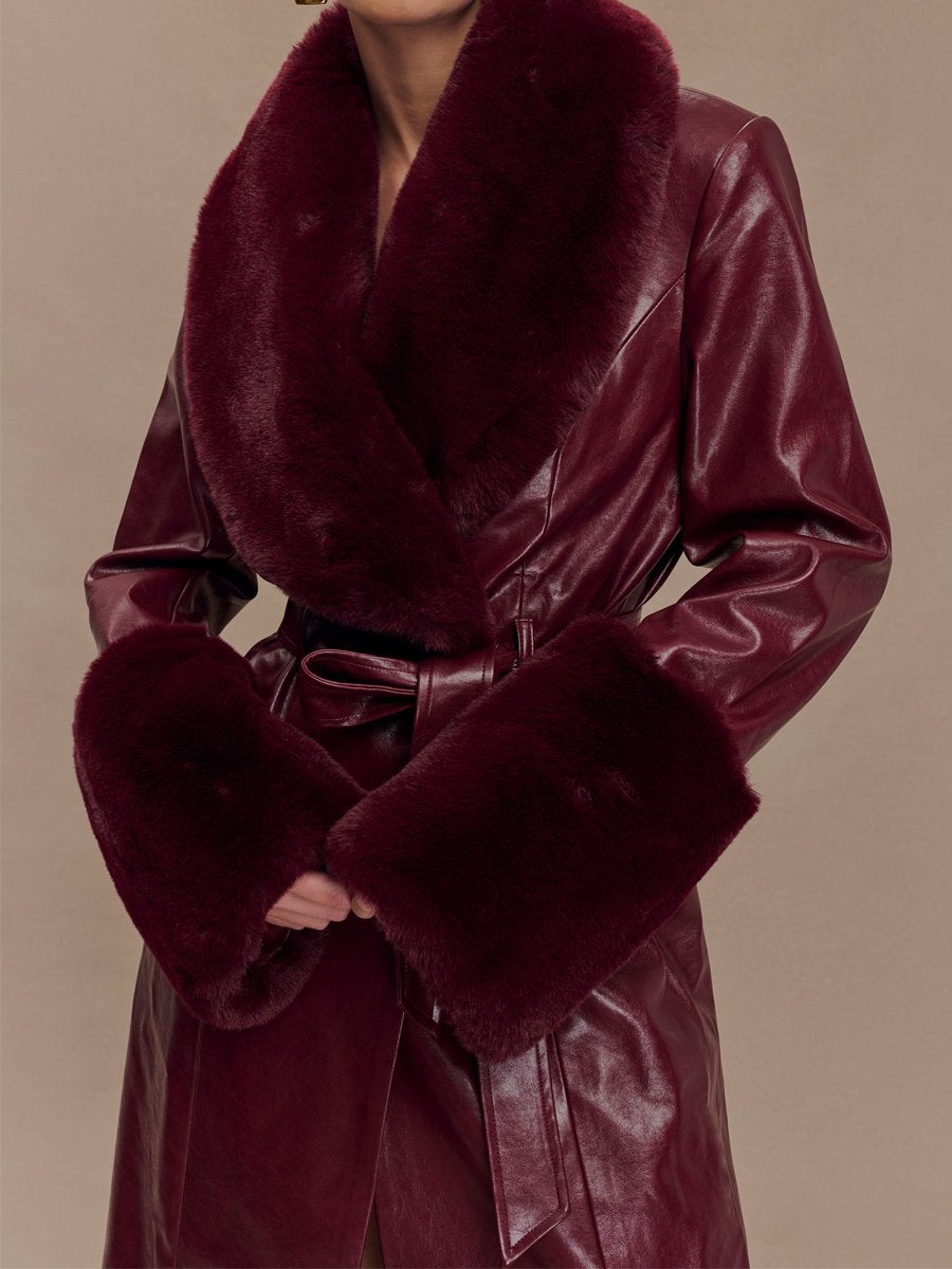 Fashion Faux Leather Trench Coat With Faux Fur