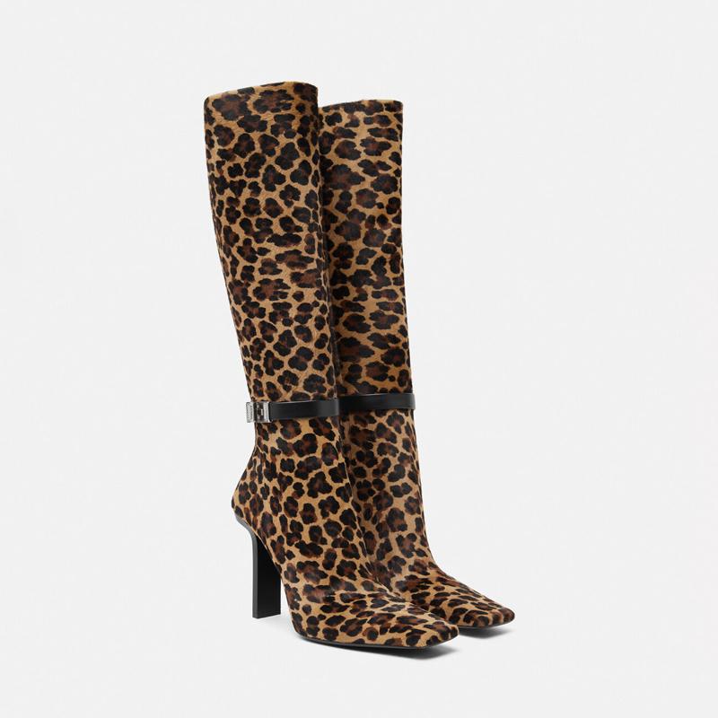 Thick Heel Square Toe Buckle Detail Side Zip Leopard Print Boots