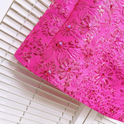 Pink Jacquard Beaded Short Sleeve Dress