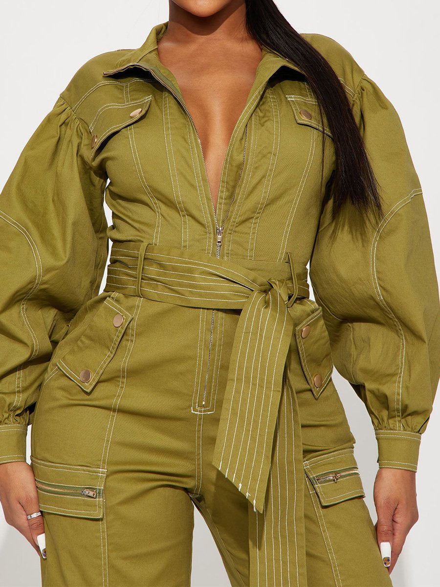 Fashion Zip Up Pockets Belted Jumpsuit