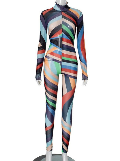 Half Turtleneck Long Sleeve Geometric Pattern Colorful Mesh Jumpsuit