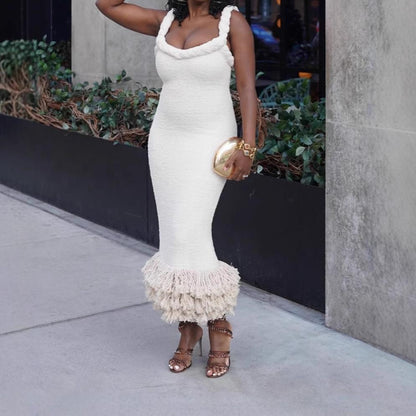 Braided Rope Shoulder Strap Hip-wrapped Fringed Hem Maxi Dress