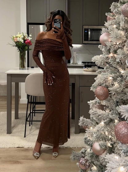 Luxury Off Shoulder Long Sleeve Slim Fit Rhinestone Dress