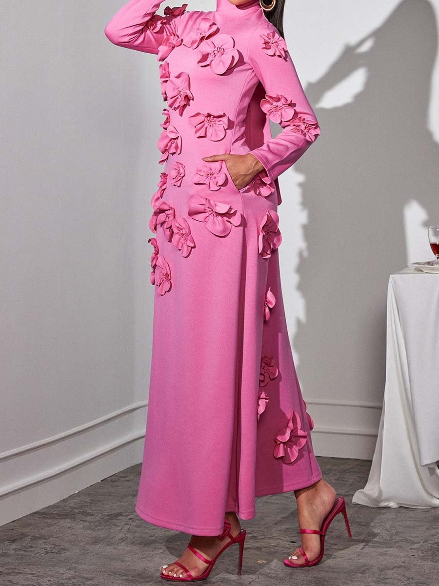 3D Flower Long Sleeve Maxi Dress