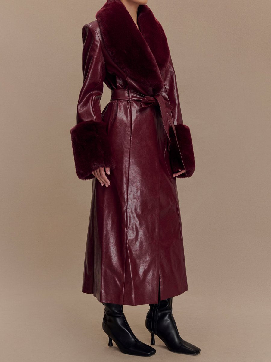 Fashion Faux Leather Trench Coat With Faux Fur