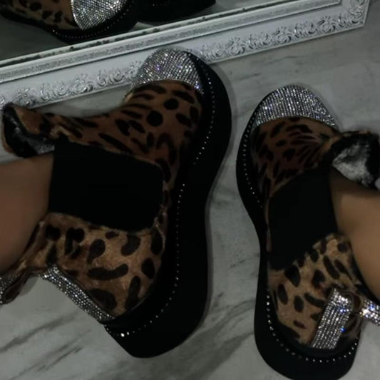 Rhinestone Sparkle Leopard Print Ankle Boots